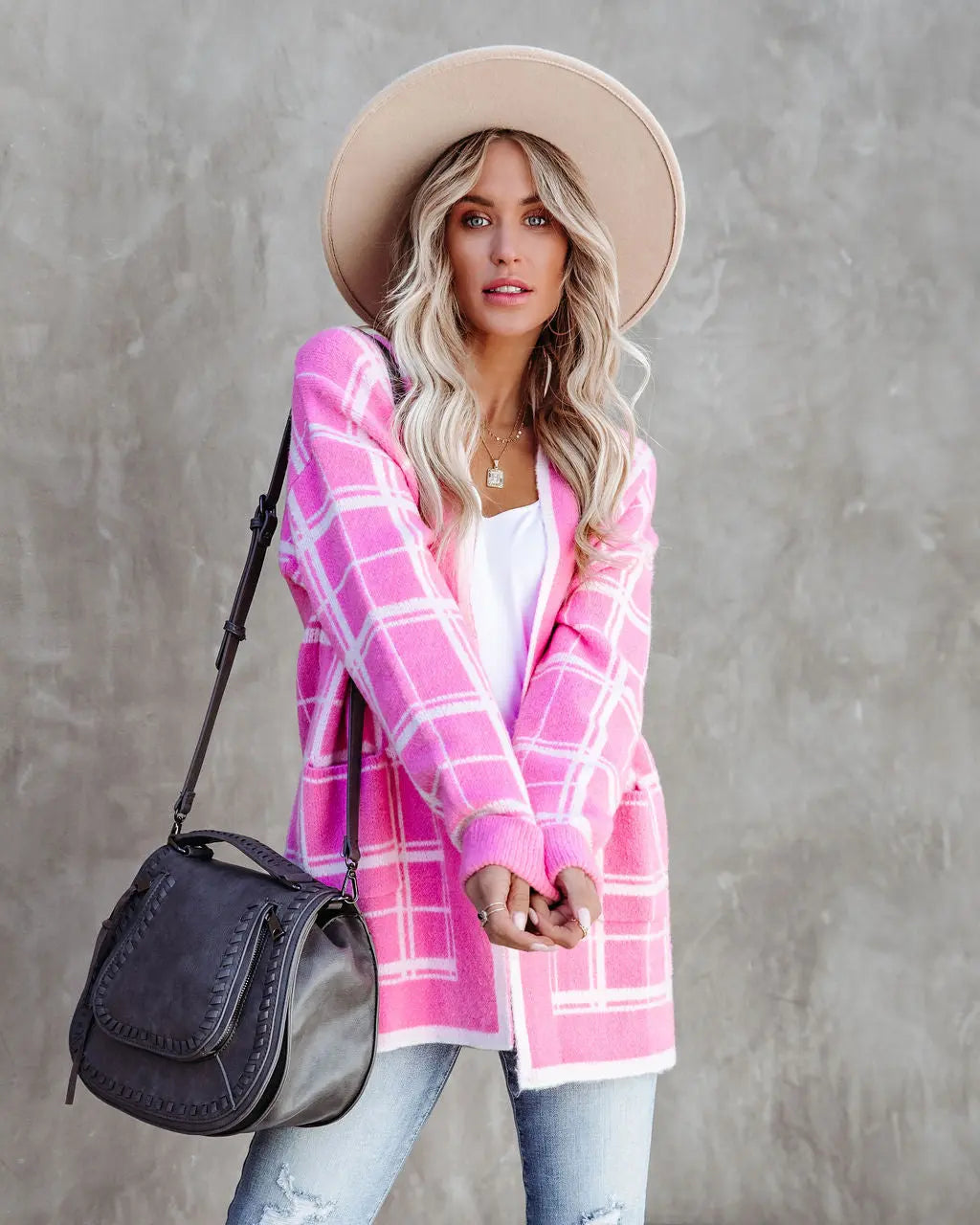 Madi Pocketed Plaid Knit Cardigan - Pink - FINAL SALE DEE-001