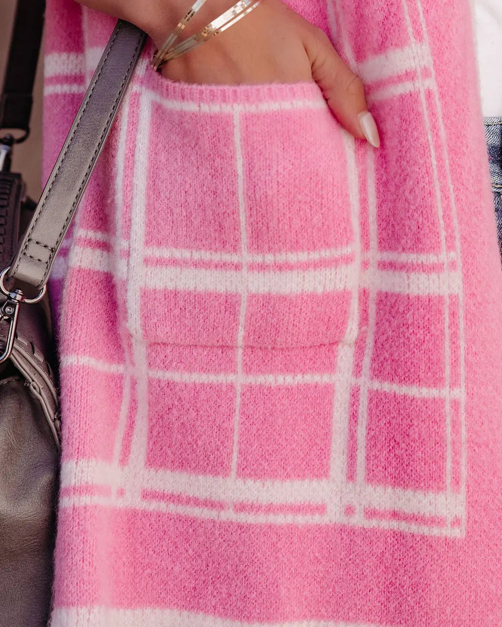 Madi Pocketed Plaid Knit Cardigan - Pink - FINAL SALE DEE-001
