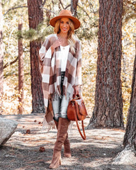 Madison Checkered Fringe Poncho - Brown FAME-001