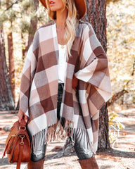 Madison Checkered Fringe Poncho - Brown FAME-001