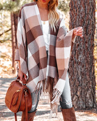 Madison Checkered Fringe Poncho - Brown FAME-001