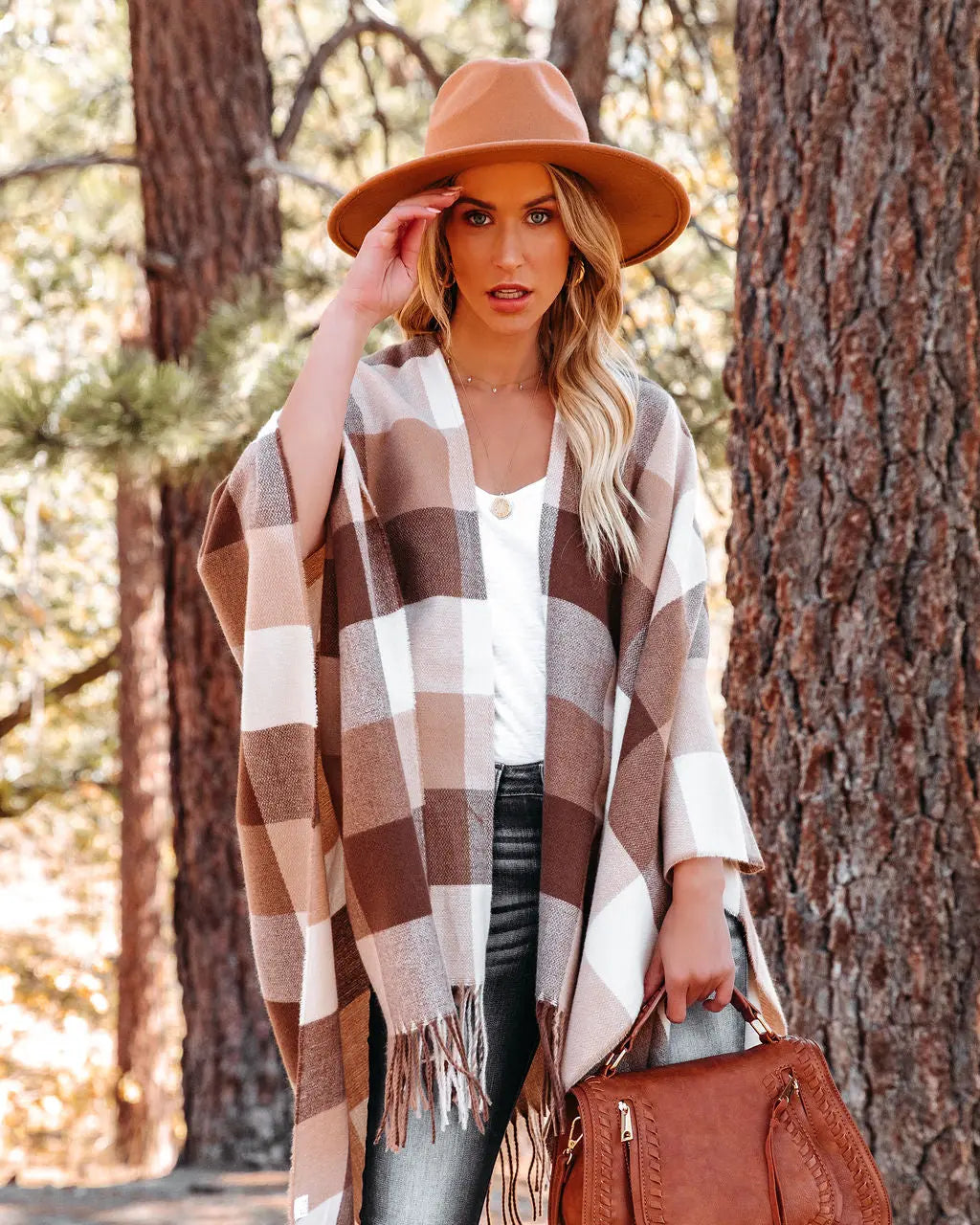 Madison Checkered Fringe Poncho - Brown FAME-001