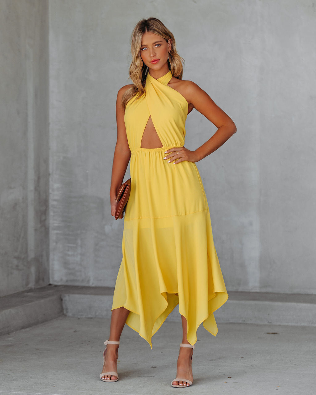 Marisol Halter Cutout Midi Dress - Sunny Yellow Ins Street