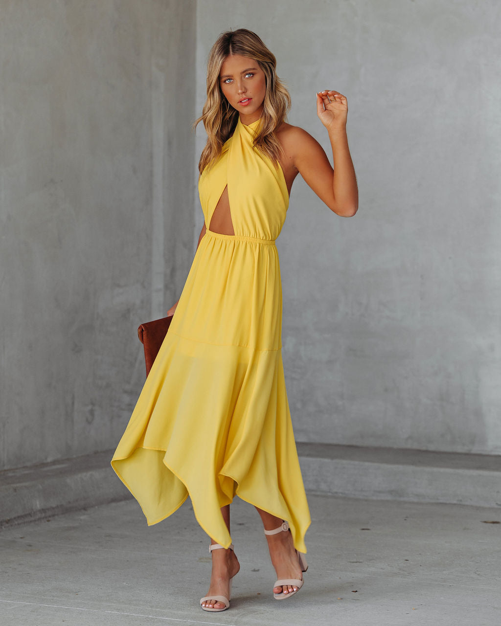 Marisol Halter Cutout Midi Dress - Sunny Yellow Ins Street