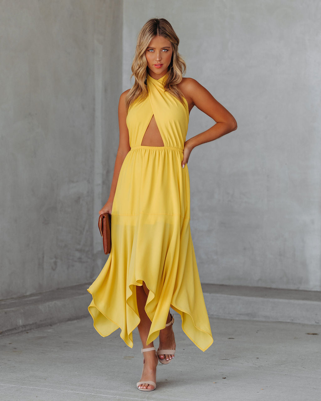 Marisol Halter Cutout Midi Dress - Sunny Yellow Ins Street