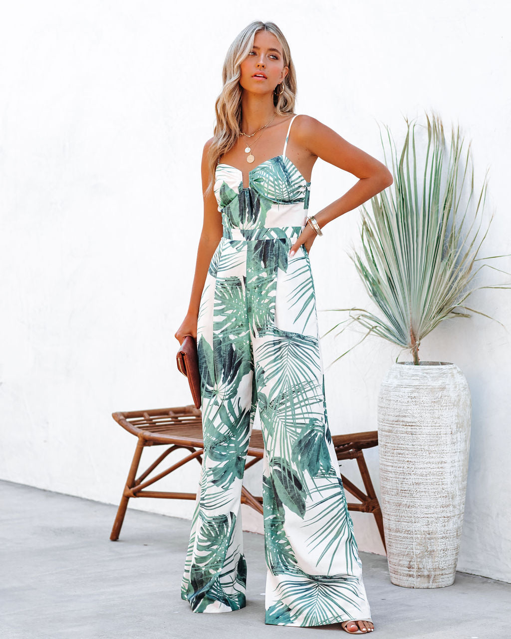 Mexico City Pocketed Palm Print Jumpsuit Ins Street