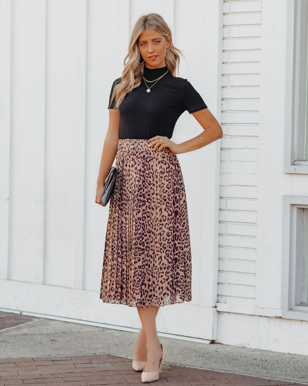 Morticia Pleated Leopard Belted Midi Skirt Ins Street