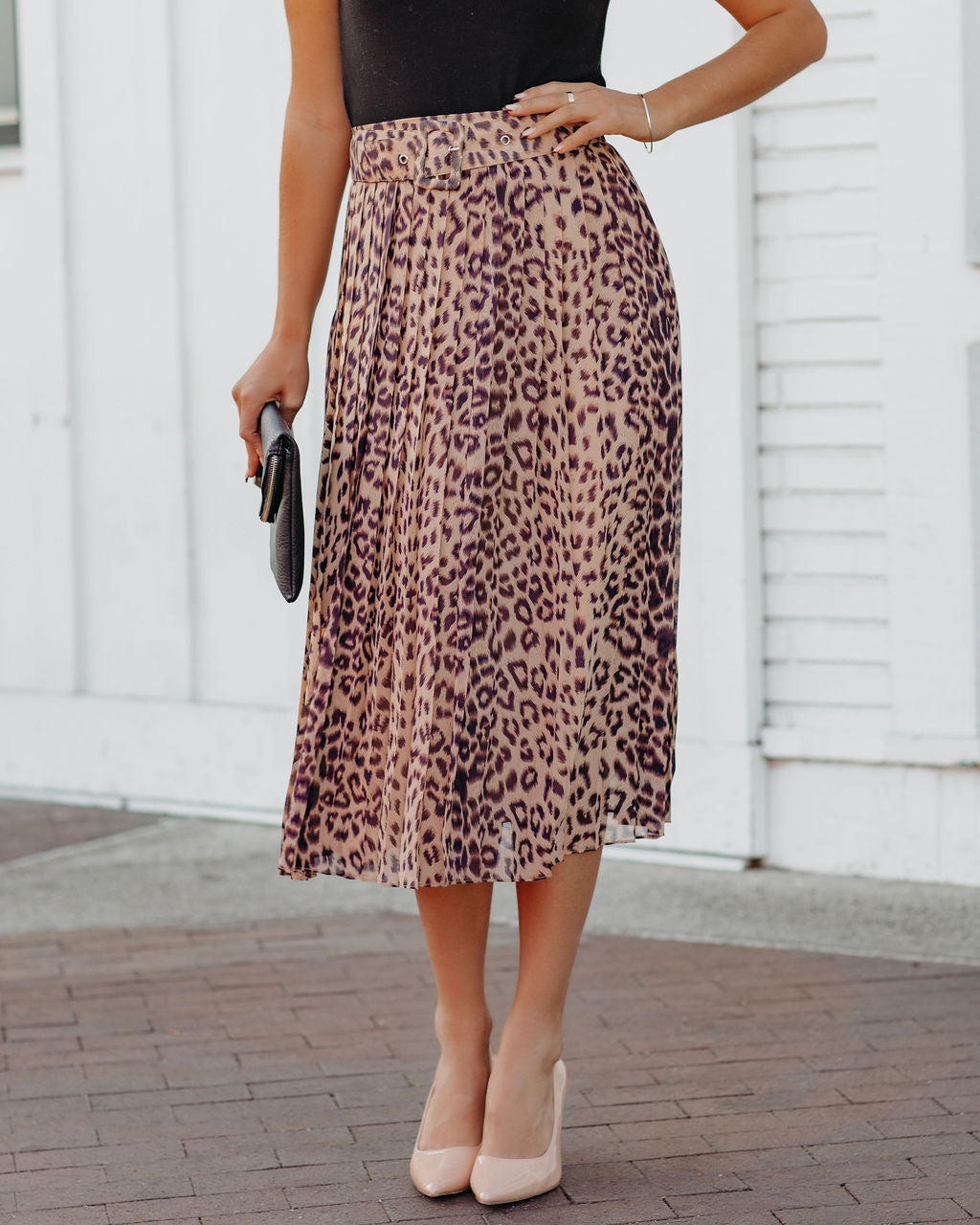 Morticia Pleated Leopard Belted Midi Skirt Ins Street