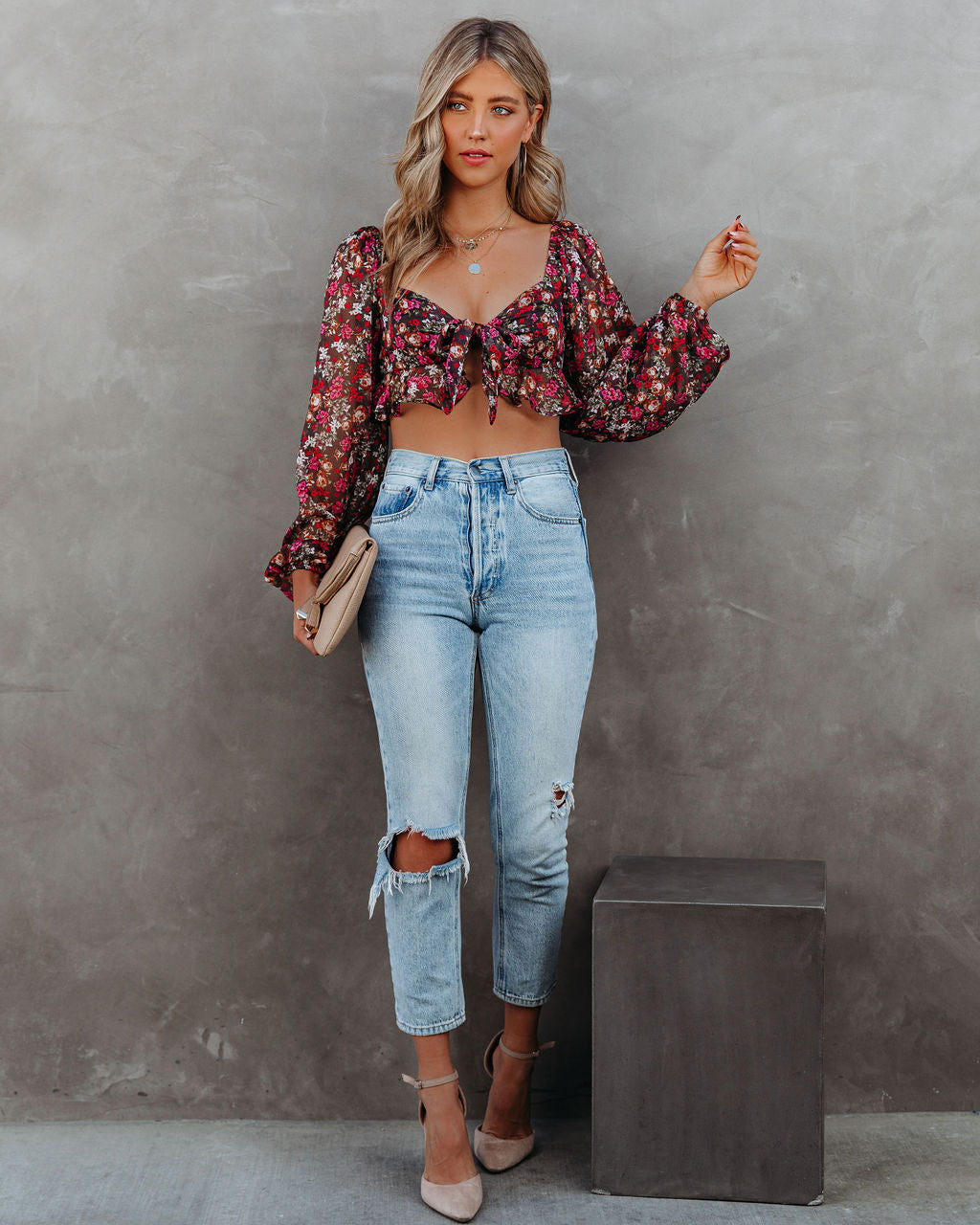 My Oh My Floral Tie Front Crop Blouse Ins Street