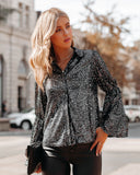 NYX Sequin Button Down Bell Sleeve Blouse - Black Ins Street