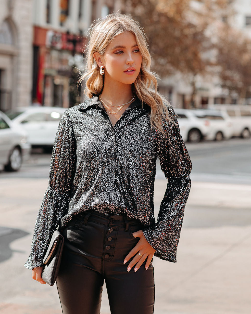 NYX Sequin Button Down Bell Sleeve Blouse - Black Ins Street