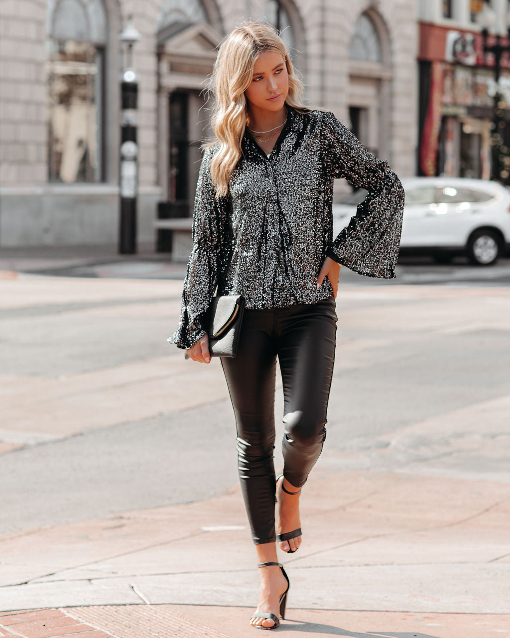 NYX Sequin Button Down Bell Sleeve Blouse - Black Ins Street