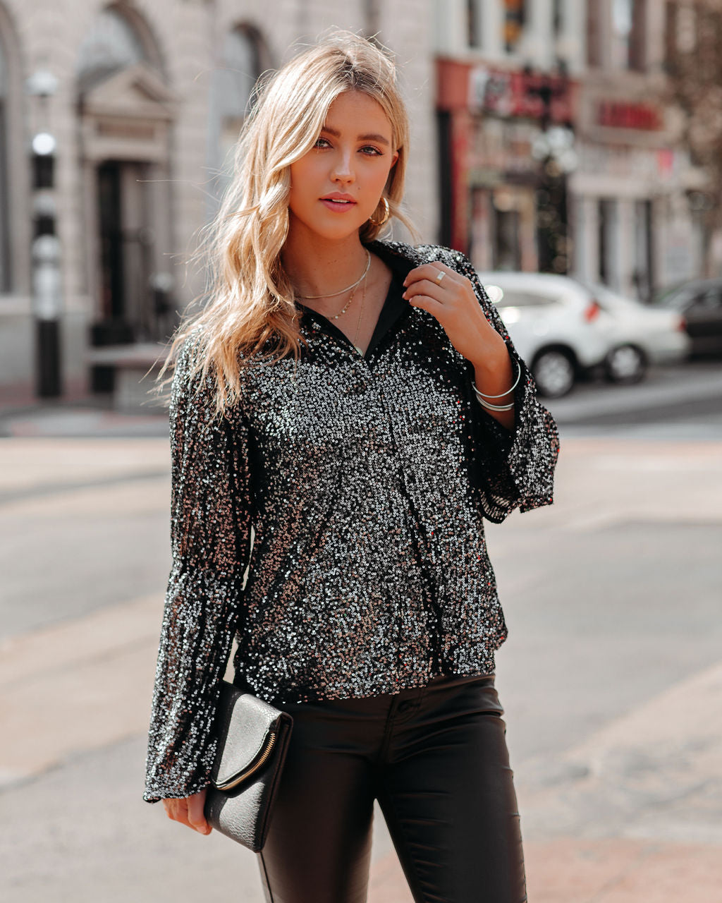 NYX Sequin Button Down Bell Sleeve Blouse - Black Ins Street