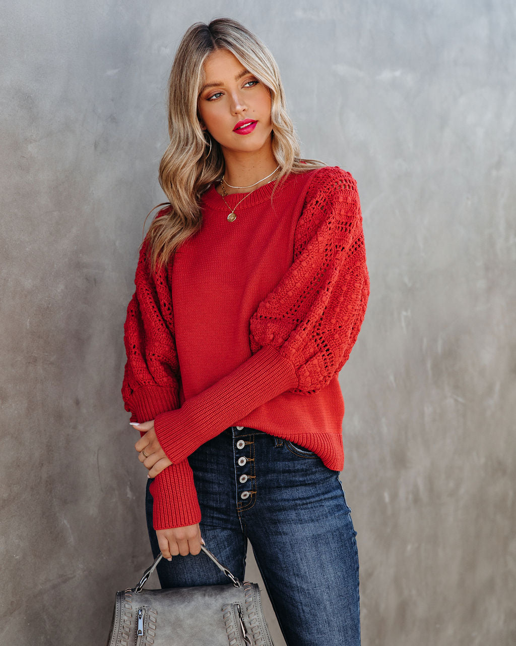 Naveen Cotton Blend Crochet Sleeve Sweater - Rust Ins Street