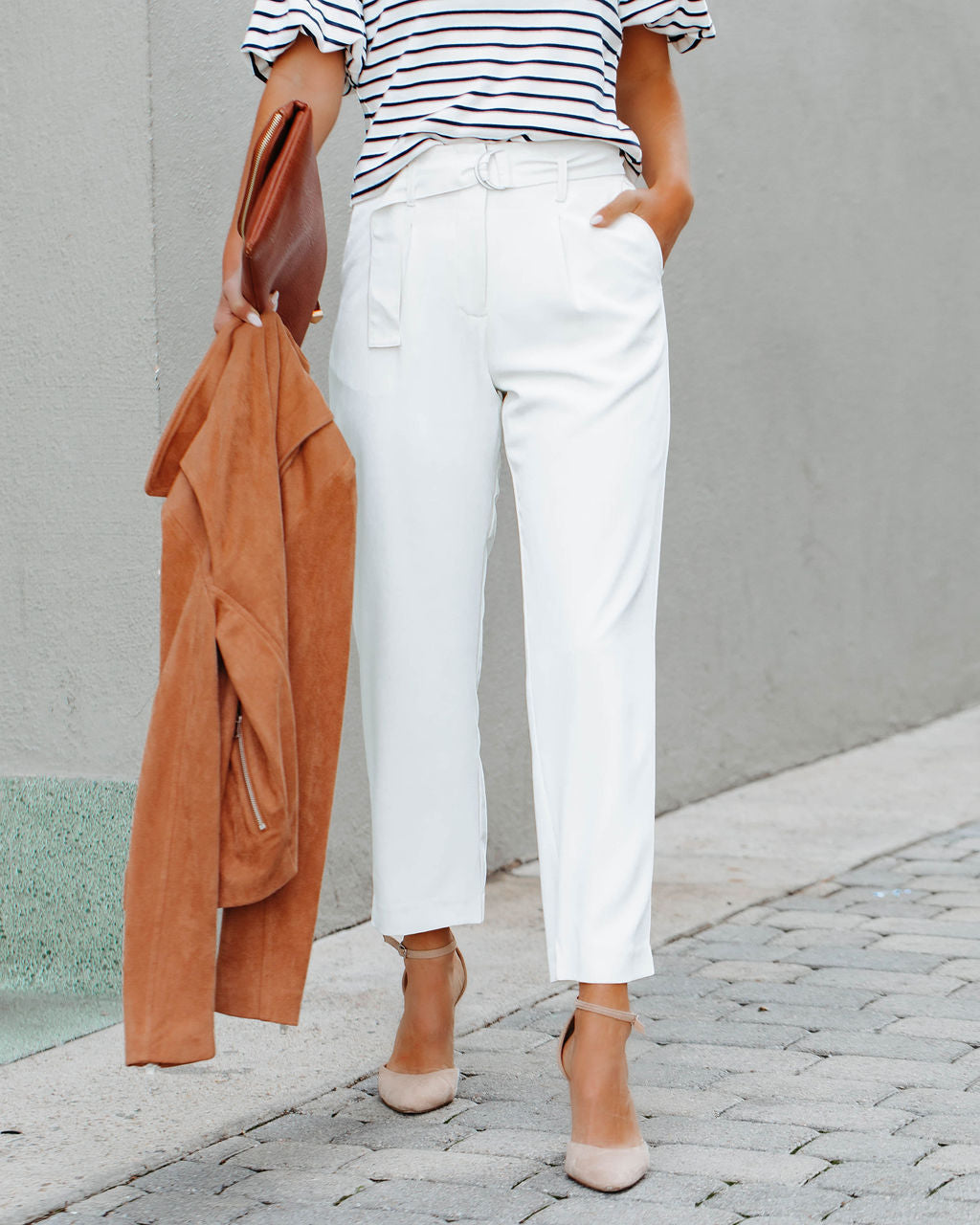 Neomi Pocketed High Rise Belted Trousers - Off White Ins Street