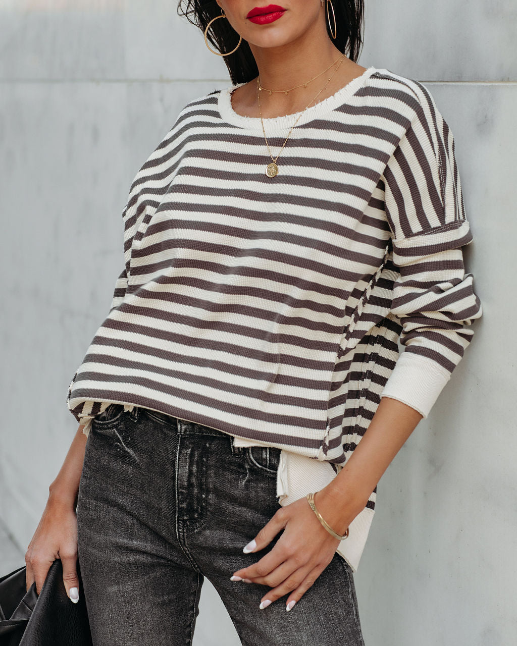 Nora Cotton Distressed Striped Pullover - Charcoal Cream Ins Street