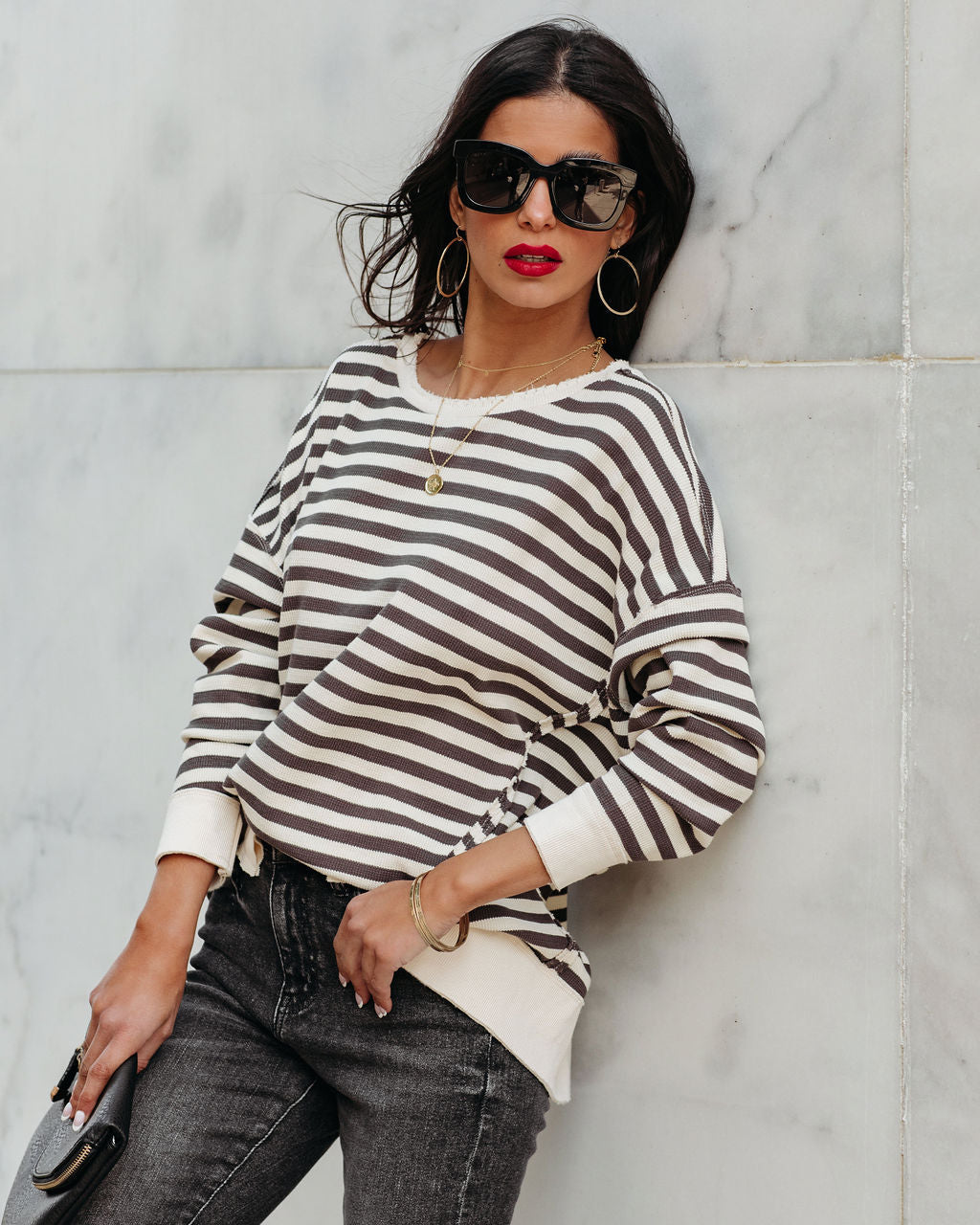 Nora Cotton Distressed Striped Pullover - Charcoal Cream Ins Street