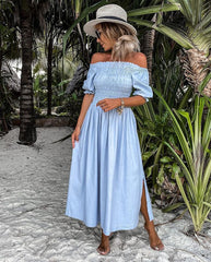 Yen Pocketed Off The Shoulder Smocked Midi Dress - Seafoam Ins Street