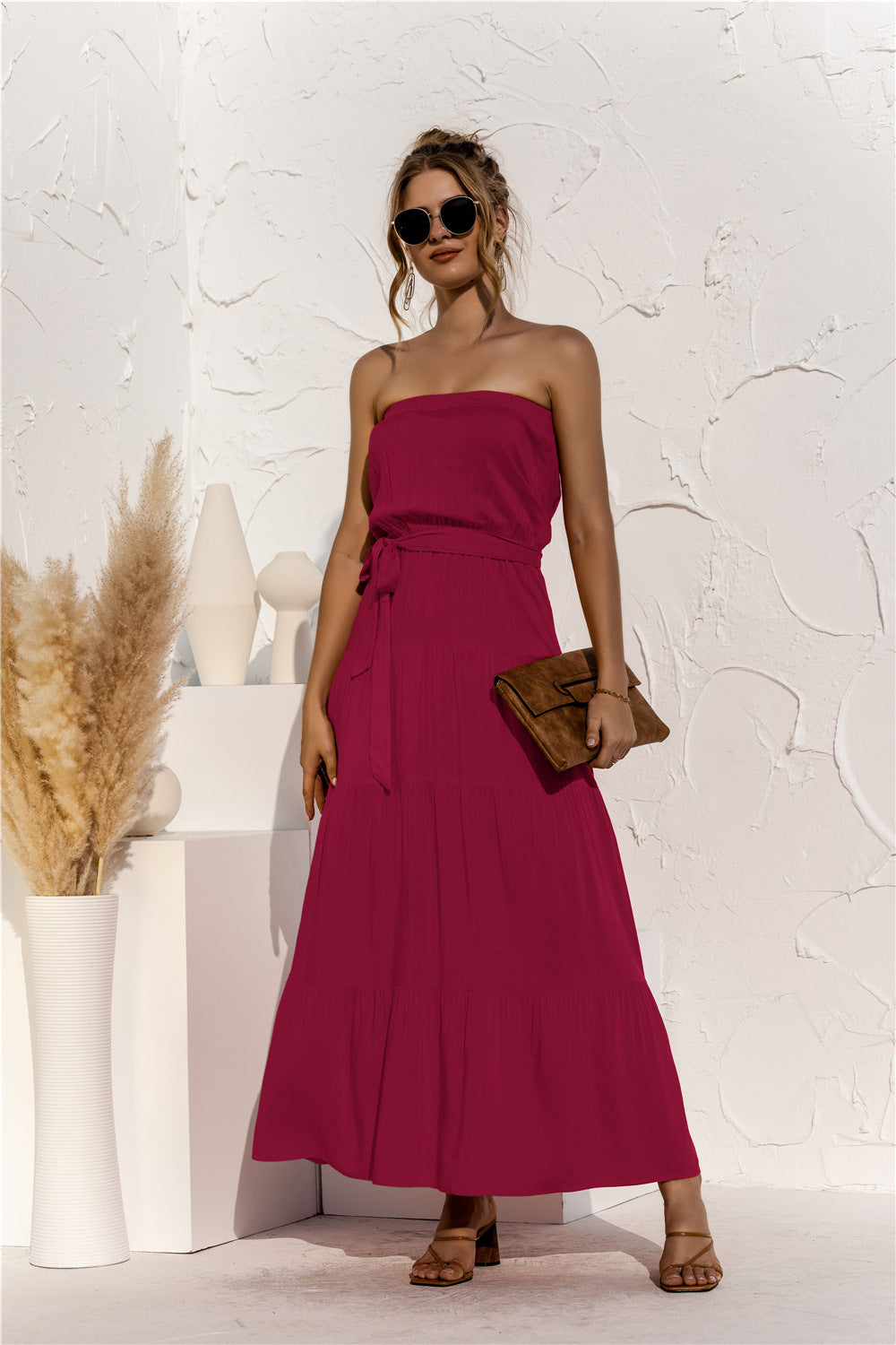 Free Falling Strapless Tiered Maxi Dress - Merlot Ins Street