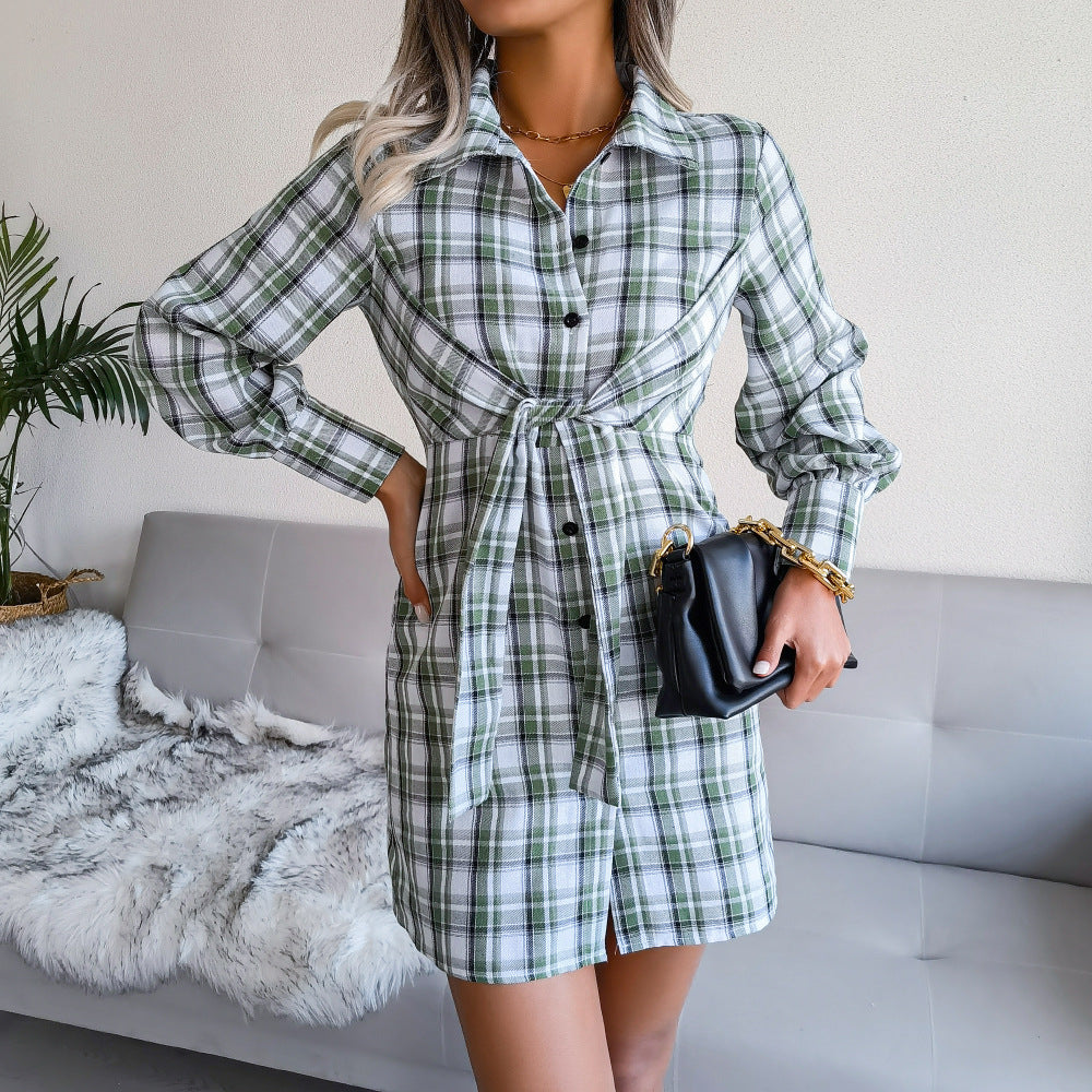 Klay Cotton Plaid Button Down Shirt Dress - Green Ins Street