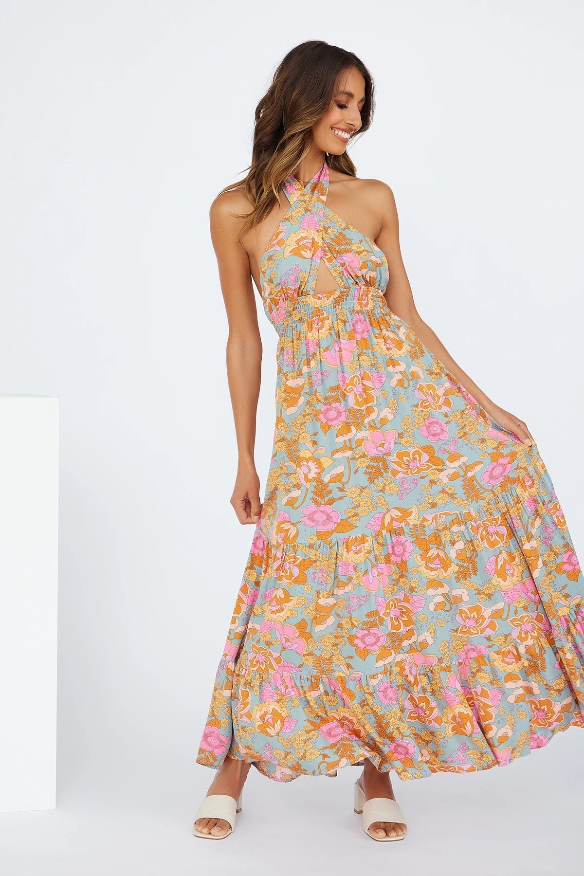 Love Games Printed Backless Halter Maxi Dress Ins Street