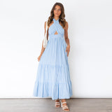 Pom Cotton Gingham Halter Midi Dress - Blue Ins Street