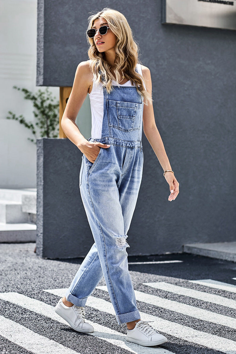 Brock Pocketed Distressed Denim Overalls Ins Street