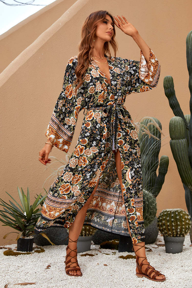 Shaken Leaves Floral Boho Maxi Dress Ins Street