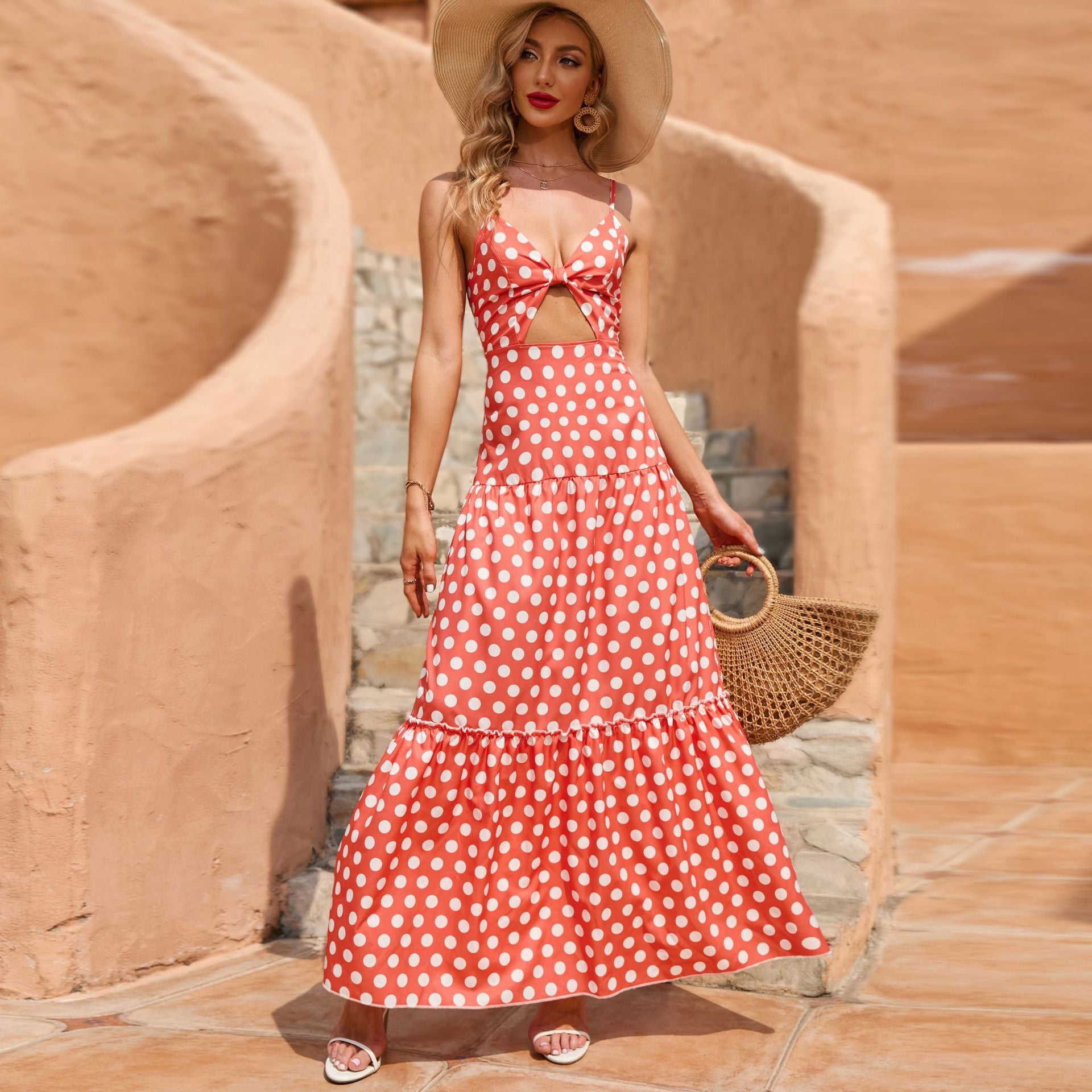 Torrie Polka Dot Tie Front Maxi Dress - Rust - FINAL SALE TYCH-001