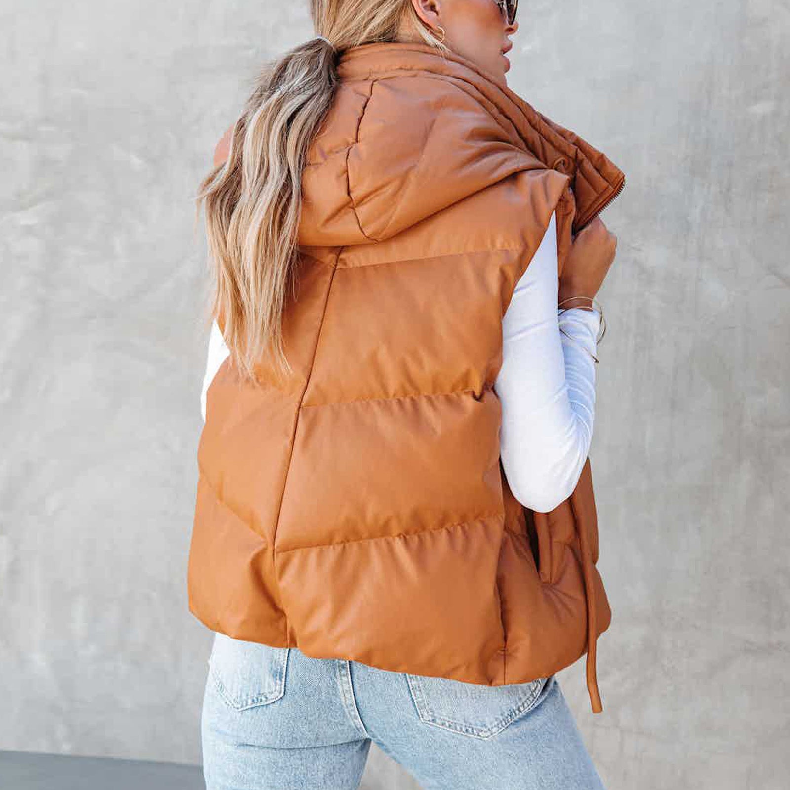 Adler Pocketed Hooded Faux Leather Puffer Vest - Camel AAA-001