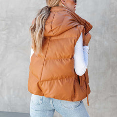 Adler Pocketed Hooded Faux Leather Puffer Vest - Camel AAA-001