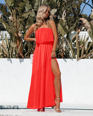 Vivid Strapless Slit Maxi Dress - Bright Orange Ins Street