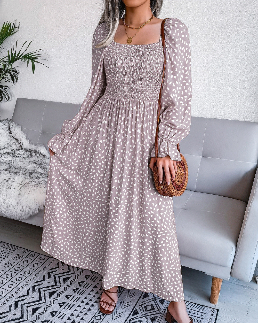 Energetic Smocked Floral Maxi Dress Ins Street