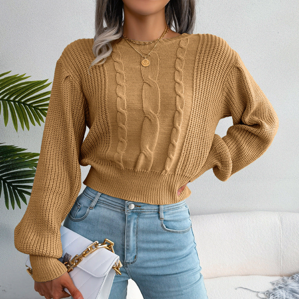 Mixed Knit Lantern Sleeve Round Neck Sweater Ins Street