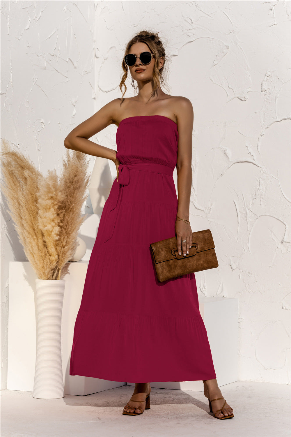 Free Falling Strapless Tiered Maxi Dress - Merlot Ins Street