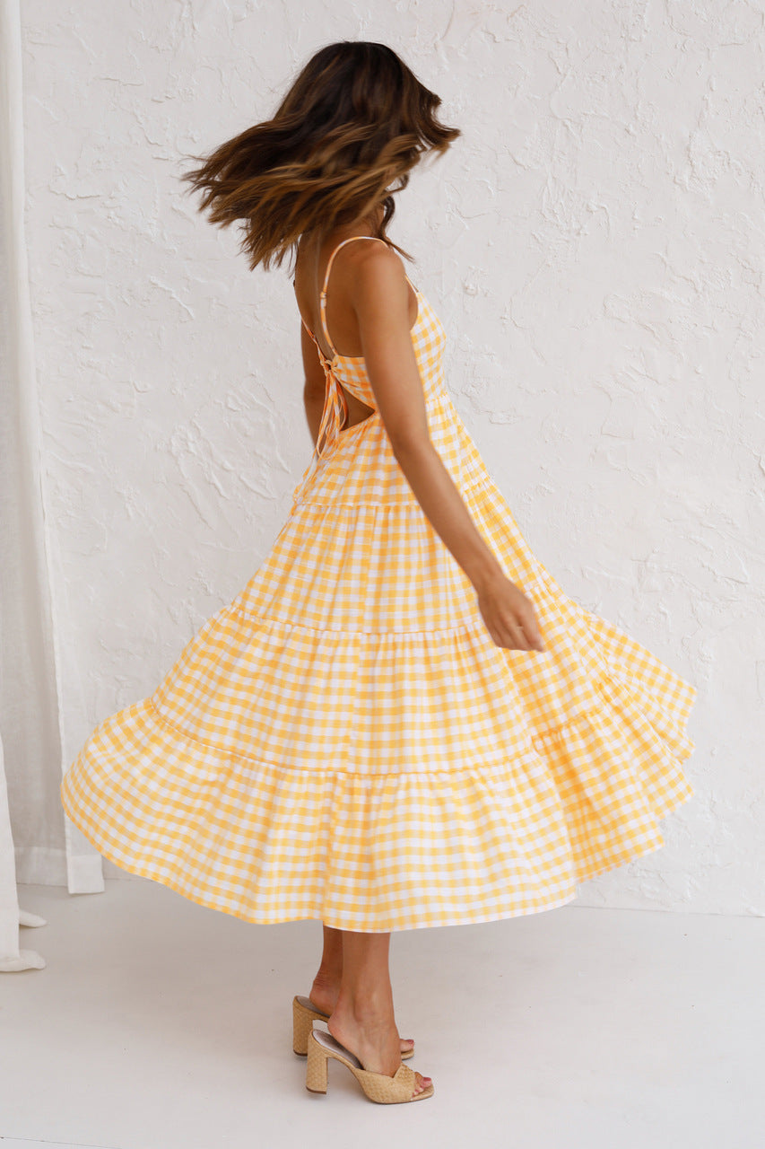 Kinslee Smocked Gingham High Low Maxi Dress - Yellow Ins Street