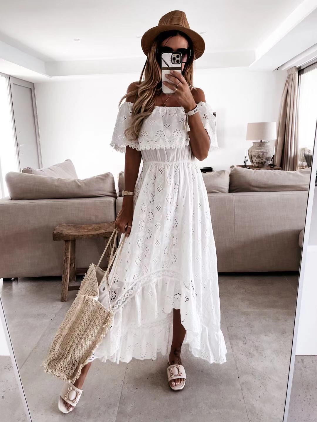 Hollow Short Sleeve Floor-Length Dress Women's Dress Ins street