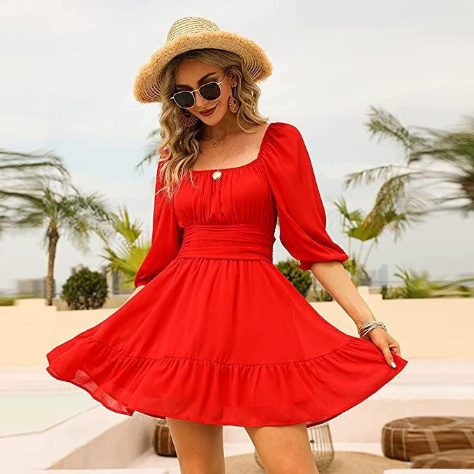 Blythe Gathered Puff Sleeve Dress - Red InsStreet