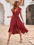 Red Carpet Ruffle Wrap High Low Maxi Dress - Maroon - FINAL SALE Ins Street