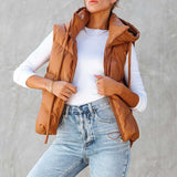 Adler Pocketed Hooded Faux Leather Puffer Vest - Camel AAA-001