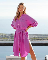 Office Chic Button Down Shirt Dress - Magenta Ins Street