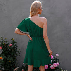 Kaine Satin One Shoulder Ruffle Dress - Hunter Green - FINAL SALE Ins Street