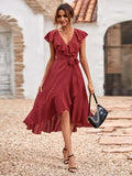 Red Carpet Ruffle Wrap High Low Maxi Dress - Maroon - FINAL SALE Ins Street