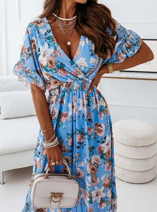 Bodey Floral Tiered Cutout Maxi Dress - Light Blue InsStreet