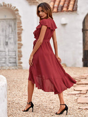 Red Carpet Ruffle Wrap High Low Maxi Dress - Maroon - FINAL SALE Ins Street