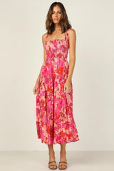 Edris Cotton Floral Tiered Midi Dress - Coral Pink Ins Street