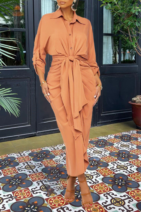 Essence Satin Tie Front Midi Shirt Dress - Orange Ins Street