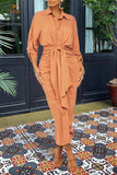 Essence Satin Tie Front Midi Shirt Dress - Orange