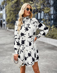 Promenade Printed Mock Neck Babydoll Dress Ins Street