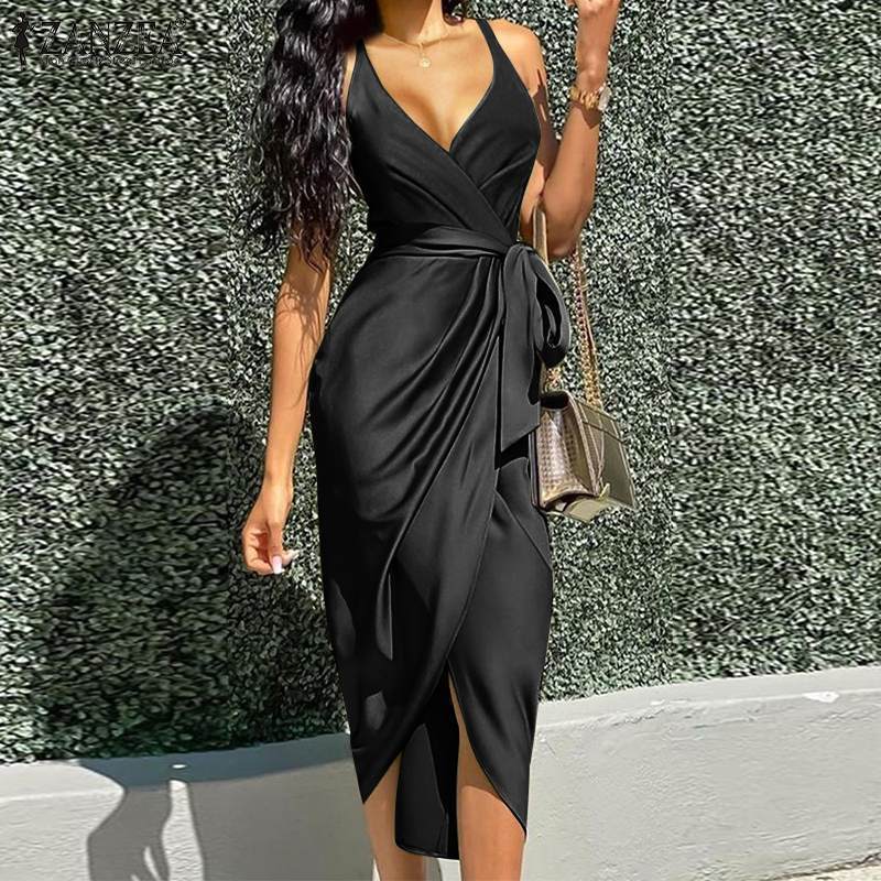 Dressy Satin Wrap Midi Dress - Black Ins Street